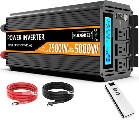 SUDOKEJI محول طاقة 2500 واط 12 فولت تيار مستمر إلى تيار متردد 110 فولت/120 فولت (الذروة) 5000 واط محول 3 مقابس سيارة مع جهاز تحكم عن بعد وشاشة LED 3.4 فولت منفذ USB in Saudi Arabia