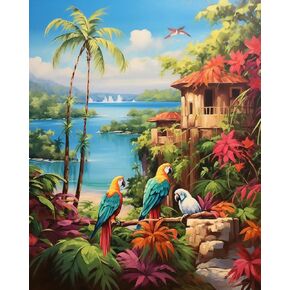 OKSGYTA Paint by Numbers, Parrot Island Paradise, 16x20 Inch Drawing with Brushes Winter Home Decor Gifts (Without Frame)
