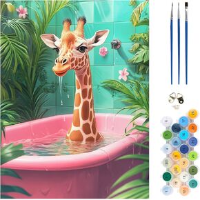 MEIYUDA Giraffe Paint by Numbers Kit, Giraffe in Bathtub Paint by Numbers for Adults Beginners, DIY Funny Animals Acrylic Oil Painting by Number on Canvas for Gift Home Wall Decor 12x16in