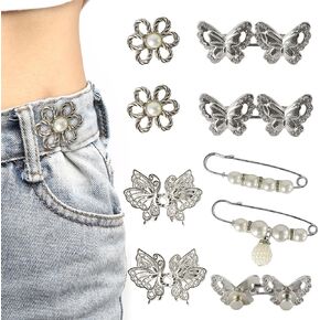 8 PCS Pant Waist Tightener, Butterfly Waist Cincher Clip, Cincher Clip Pearl Brooch, Reusable, Adjustable, No Sewing and Tools Required, for Loose Jeans, Clothing, Skirts, Dresses