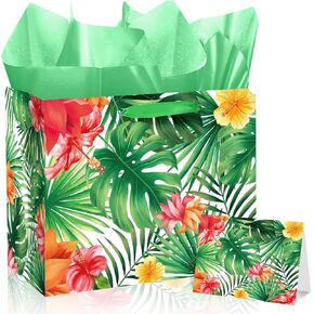 Luau Hawaiian Gift Bag Aloha Tropical Birthday Wrapping Paper Bag with Tissue Paper and Greeting Card Summer Palm Leaves Goodie Treat Bags for Baby Showers Birthday Hawaii Party Decor Supplies