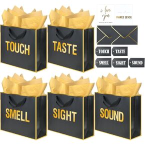 Large Gold Foil 5 Senses Gift Bags For Him Her with Labels Envelopes and Cards, Sight Smell Touch Taste Sound Gift Bags with Tissue Paper For Birthday, Anniversary, Mother'S Day, Valentine'S Day(12x10x4inch)