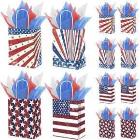 DECEED 12 PCS Patriotic Gift Bags with 12 Tissue Paper, 4th Of July Gift Bags with Handles, American Flag Kraft Paper Bags, Independence Day Veterans Day Memorial Day Party Supplies(Stripe)