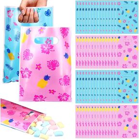 Marspark 50 Pcs Cartoon Party Favors Gift Bags Blue and Pink Hawaiian Themed Candy Treat Plastic Bags Palm Leaves for Summer Tropical Aloha Birthday Party Favor