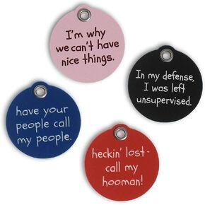 LuckyPet Pet ID Tag - Funny Dog & Cat Tag: I'm Why We Can't Have Nice Things on Front & Your Personalized Info Engraved on Back - Durable Plastic Tag - Size: Small, Color: Pink