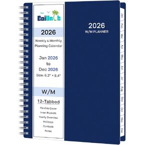 2026 Planner, Weekly ＆ Monthly Planner 2026, Jan 2026 – Dec 2026, 6.2" x 8.42", Flexible Cover, 12 Monthly Tabs, Thick Paper, Spiral Wirebound, Inner Pocket, A5, Blue