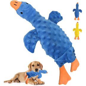 Squeaky Plush Dog Toy for All Breeds, Multifunctional Goose Dog Toy with Honking Sound, Crinkle Paper, Treat Pocket, Durable Soft Stuffed Animal for Chewing, Cuddling, Interactive Play (Blue)