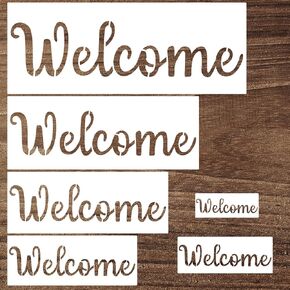 Welcome Stencils for Painting 6PCS Reusable Plastic Welcome Templates Set for Painting on Wood Wall Doormat Fabric Rock Chalkboard Stencils for Crafts Canvas Furniture Drawing Pattern Decor