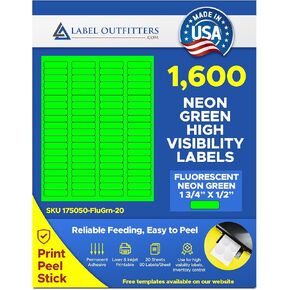 1,600 Label Outfitters Printable Fluorescent Neon Green Laser Labels,1.75 x 0.5 inches, 20 Sheets,