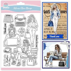 GLOBLELAND Working Woman Coffee Clear Stamp for Scrapbooking Fashion Lady Silicone Stamps Elite Woman Transparent Stamp for Card Making DIY Embossing Journaling