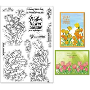 Arbuya Tulip Flowers Clear Stamp Set - Mother's Day Silicone Stamps, 3 Bouquet Designs with Mother's Day Sentiments for Card Making, Scrapbooking, DIY Crafts, Greeting Cards & Album Decoration