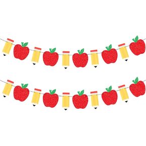 2 Pack Apple Pencil Garland Banner for Back to School Decorations, Pre-Strung Glitter Classroom Kindergarten Hanging Decor for Teacher Appreciation, First Day of School, Bulletin Board Supplies