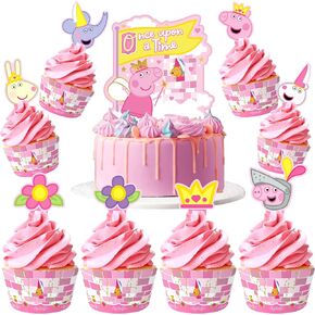 Treasures Gifted Officially Licensed Princess Peppa Pig Birthday Party Supplies - Peppa Pig Cake Toppers & Decorations - 1 Cake Topper & 24 Cupcake Toppers & Wrappers