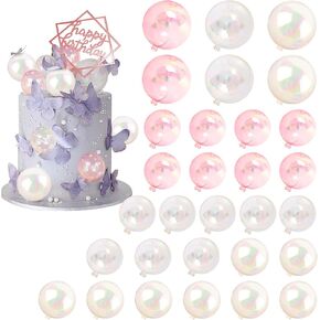 31 PCS Mini Colorful Balls Cake Topper DIY Cake Insert Topper Artificial Dried Flowers Cake Decorations for Wedding Anniversary Baby Shower Birthday Party Cake Decoration (Clear White Pink)
