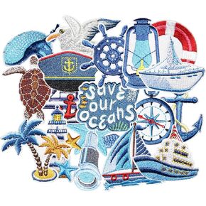 18PCS Ocean Anchor Iron on Patches, Cartoon Dolphin Lighthouse Ship Turtle Starfish Marine Compass Embroidered Badges for Clothes, Applique for Shirts, Hats, Jeans, Jackets, Bags, Dress