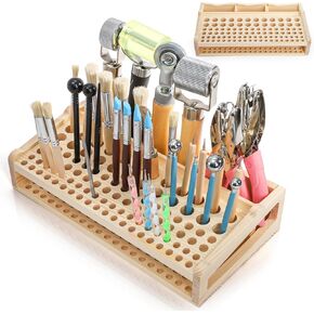 Acshio 98 Holes Leather Craft Tool Holder, Wooden Desktop Leather Working Tools Organizer with 3 Slots, Professional Large Making Punch Tools Rack Stand Storage Box for Brushes, Craft Tools