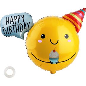 Happy Birthday Balloon, Birthday Decorations for Kids, 30 Inch Foil Balloon Party Supplies with Ribbon, Photo Backdrop, Yellow Smiley Face Design, 1 Pack