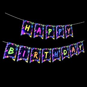 Glow Happy Birthday Banner, Prestrung Neon Sign Let Glow Party Painted Banner for Black Light Neon Party Supplies Birthday Decorations