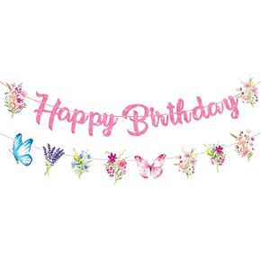 Glitter Floral Happy Birthday Banner with Butterfly and Wildflower Design, Elegant Pastel Hanging Sign Garland for Women, Girls, Birthday, Baby Shower, Spring Party Decorations