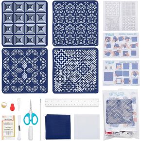 FREEBLOSS 4 Set Sashiko Kit DIY Coasters Kit Water Soluble Embroidery Patterns Full Embroidery Kit Includes Sashiko Thread, Needles and Fabric Coaster Making Kit for Adults Embroidery Lovers