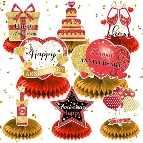 8Pcs Happy Wedding Anniversary Decorations Red Gold Anniversary Table Honeycomb Centerpiece Anniversary Table Toppers Party Supplies for Adult 10th 20th 30th 40th 50th 60th Anniversary Table Decor