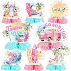 JOYMEMO 8 Pieces Surf Honeycomb Centerpiece for Girl - Surfing Themed Party Supplies for Birthday, Beach Hawaii Surf Party Favors, Baby Shower Supplies