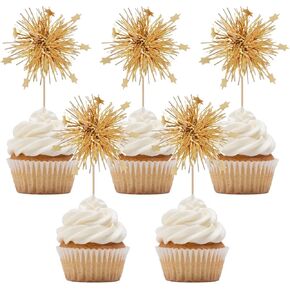 hoyuwak 30Pcs Gold Foil Firework Happy Birthday Cake Toppers - Premium Food-Safe Decorative Picks with Sparklers Effect for Birthday Parties, Wedding,Cake & Dessert Decorations
