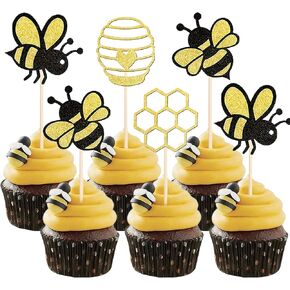 24 Pcs Bumble Bee Cupcake Toppers, Glitter Heart Honeycomb Bee Cupcake Decorations for Bee Theme Party Baby Shower Bee Cake Decoration