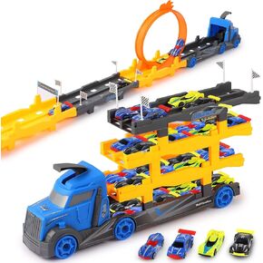 Transport Car Carrier Truck Toy for Kids Age 3 4 5 6 7 Years Old，57 in Ultimate Hauler Race Track with 4 Cars for Toddlers Boys (57 in)