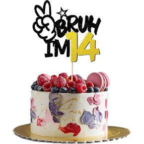 Black Glitter Bruh I'm 14 Cake Topper - boy 14 cake topper，boy 14th birthday decorations (black gold 14)