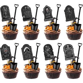 64Pcs Halloween Cupcake Toppers Tombstones Graveyard Cupcake Toppers with Novelty Mini Shovel Spoons for Halloween Birthday Party Cake Decoration