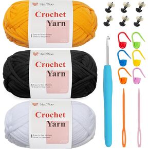 Easy Crochet Yarn for Beginners, 3 Pack × 1.8 oz Beginner Yarn for Crocheting & Knitting Thick and Soft, Owl Amigurumi Crochet Kit with Video Tutorials, Easy-to-See Stitches, Worsted Medium # 4