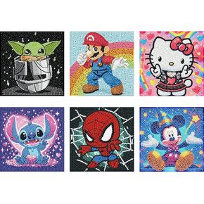 XIAOPAIZAI 6 Pack Diamond Painting Kits for Kids Beginner - 5D Cartoon Animals Full Drill Diamond Art Kits for Children,DIY Round Crystal Rhinestone Gem Art Crafts Home Wall Art Decor 5.9 x 5.9inch