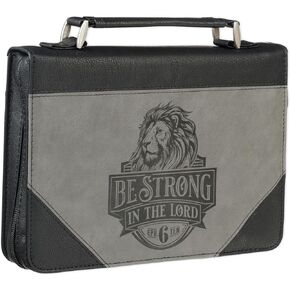 Christian Art Gifts Classic Premium Vegan Leather Inspirational Bible Cover for Men & Women: Be Strong Encouraging Scripture, Heat-debossed Lion Design, Sturdy Pen Loops, Pockets, Black & Gray, Medium