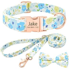 Personalized Cute Flower Girl Dog Collar with Leash, Custom Floral Dog Collar with Name, Engraved Gold Buckle Collar for Female Dogs, Small, Medium, Large Dogs