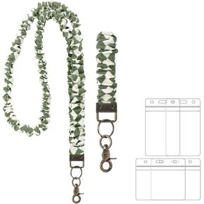 Marspark 2 Set Scrunchie Lanyards with 4 Card Holders for ID Badges and Keys Cute Stretchy Scrunchie Neck and Wrist Lanyards for Teacher Women Nurses School Office Supplies(Green,Floral)
