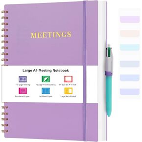 Meeting Notebook for Work, Notebooks for Work 8.5" x 11", Professional Meeting Notes Notebook for Women, Large Spiral Notebook with Numbered Page, Sticky Tabs, PVC Pockets for Organization, Purple