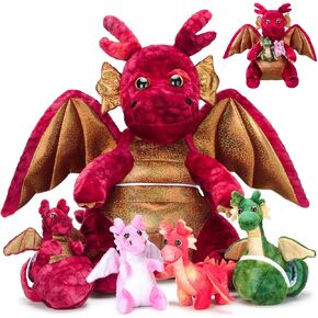 7 Pcs Dragon Plush Toys Gift Set 15.75" Large Dragon Mom Stuffed Animal with 4 Cute Babies and 2 Eggs in Mommy's Belly for Kids Birthday Christmas Classroom Prizes(Green)