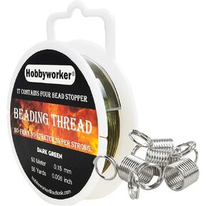 Hobbyworker Beading Thread 50M/55Y with Bead Cord Clip Stopper for Seed Beads Jewelry Beading Sewing Fishing Supplies (0.15mm-Dark Green)