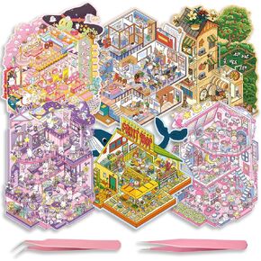 Big Size 3D Sticker Scene 6 Sets of Stickers for Girls Make Your Own Shop House Stickers for Kids Cute Cartoon Animal DIY Sticker Therapy for Adult Relief Stress Pass The Time (A Set)