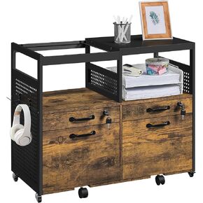 Yaheetech Lateral File Cabinet Mobile Filing Cabinets Printer Stand with Drawers, 2 Open Compartments& Hooks, for Home Office, Rustic Brown
