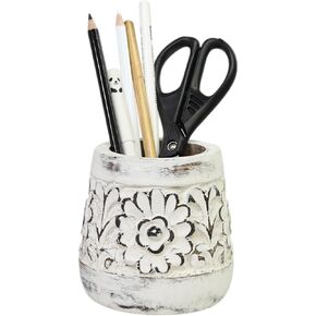 Mie Creations Farmhouse Pencil Holder Pen Stand for Desk Table | Rustic Wooden Pen Cup, Vintage Desk Accessories | School Office Desktop Stationery, Whitewash Wood Pen Holder- 4'' Distressed White