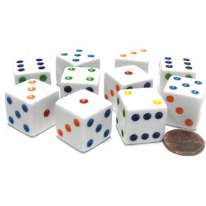 Set of 10 Large Six Sided Square Opaque 19mm D6 Dice - White with Multicolor Pip by Koplow Games