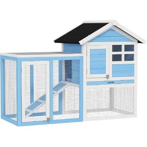 PawHut 48" Wooden Rabbit Hutch Bunny Cage with Waterproof Asphalt Roof, Fun Outdoor Run, Removable Tray and Ramp, Light Blue
