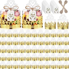 60 Sets Mini Crown Candy Boxes with Thank You Tags and Twine Plastic Candy Containers Storage Boxes Decorative for Wedding Baby Shower Princess Birthday Party Supplies(Gold,Crown)