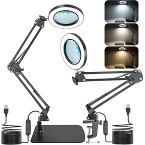 Desk Magnifying Glass with Light, 15X 10X Magnifying Lamp with Clamp & Base - 2-in-1 Design, 72 LED Lighted Magnifier for Soldering/Crafts/Repair Hands Free, 360° Adjustable 3 Color Modes Dimmable