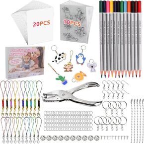 Ajfwm 208 Pcs Heat Shrink Plastic Sheets Pack,Include 30 Sheets Shrinky Paper,Hole Punch, 165 Keychain Accessories, and 12 Pencils,for Halloween Decorations or Creative Crafts