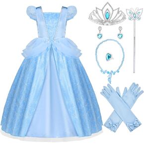 Spooktacular Creations Halloween Girls Blue Princess Dress, Kids Fancy Puff Sleeve Dress w/Accessories for Cosplay Ages 3-10