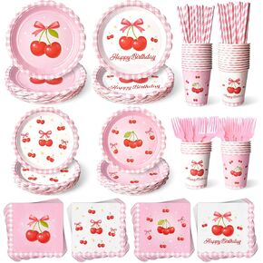 300 Pcs Cherry Plates and Napkins Tableware Set (Serves 50), Plates Napkins Cups Straws and Forks Sets, Cherry Party Birthday Supplies, Tropical Baby Shower Birthday Bridal Party Decorations