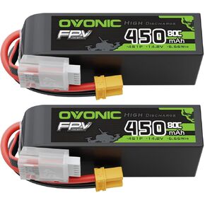 OVONIC 14.8V 80C 450mAh 4S Lipo Battery Long Size with XT30 Plug [1 Package Including 2 Batteries]